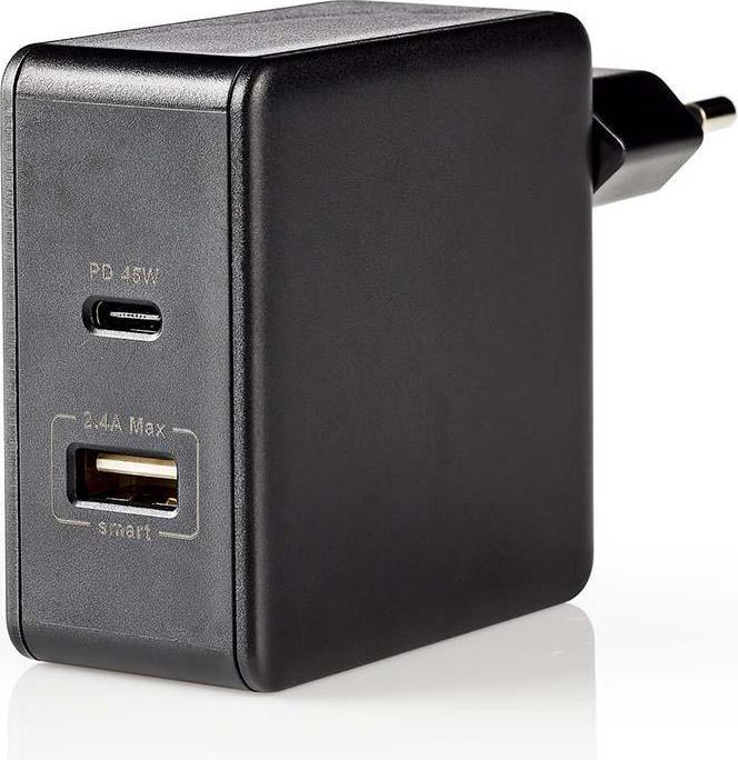 Actual product image Nedis Mains charger Fast charging function PD3.0 45W 1x 2.4 A / 1x 3.0 A Number of outputs: 2 USB-A/U (57 W)