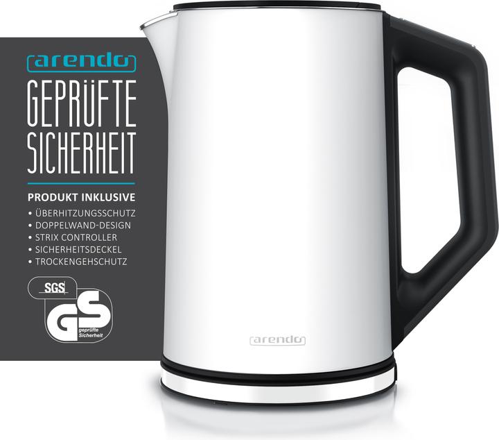 Produktbild Arendo Edelstahl Wasserkocher 1,5 l 2200 W, Doppelwand, Temperaturwahl 40 - 100°C mit Anzeige, weiss matt (1.50 l)