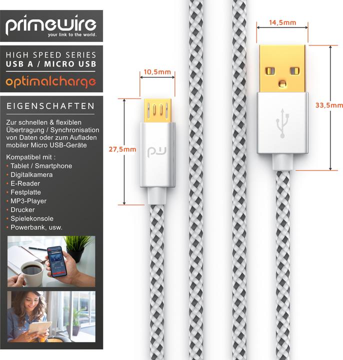 Immagine prodotto Primewire Cavo Micro USB - Cavo di ricarica rapida MicroUSB 2.4A, nylon, spina in metallo, cavo di ricarica (2 m, USB 2.0)