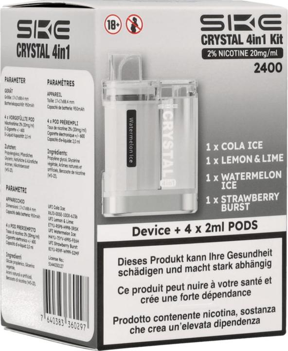 Image du produit SKE Kit Crystal 4in1, 2 % de nicotine 20 mg/ml 2400 (dispositif + 4 dosettes de 2 ml) (Cola)