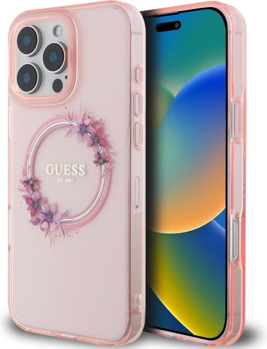 Productafbeelding Guess GUHMP16XHFWFCP iPhone 16 Pro Max 6,9" różowy/roze hardcase IML Bloemenkrans MagSafe (Apple iPhone 16 Pro Max)