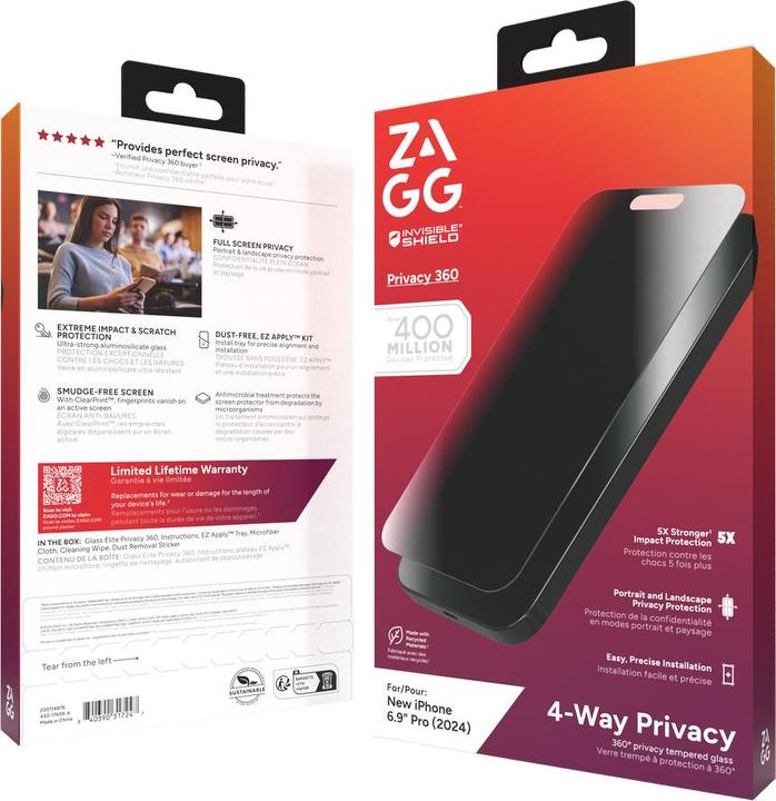 Actual product image Zagg InvisibleShield Glass Elite Privacy 360 Apple Michael LGPro Screen (1 Piece, Apple iPhone 16 Pro Max)