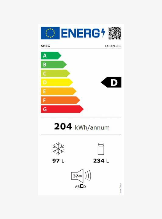 Label énergétique Smeg Réfrigérateur-congélateur FAB32LRD5 Rouge, Gauche (331 l)