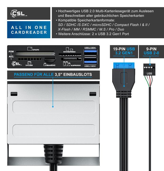 Produktbild CSL Multi-Frontpanel Kartenlesegerät (19-Pin, Internal USB 2.0 Motherboard)