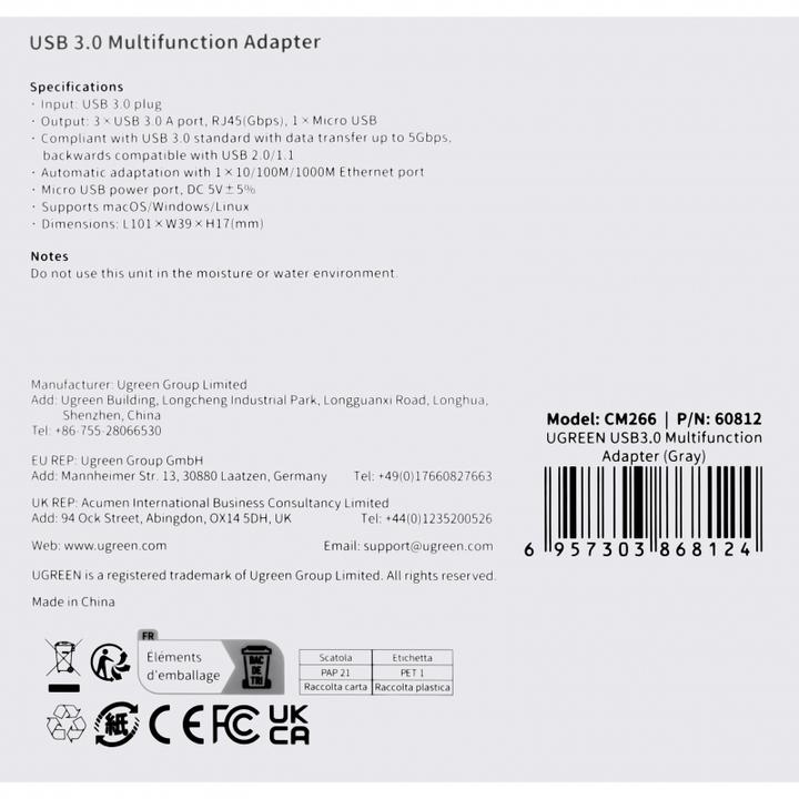 Actual product image Ugreen CM266 Hub Adapter 5in1 USB, 3x USB 3.0, micro USB, RJ45 (grey) (Micro USB, USB-A, 5 Ports)