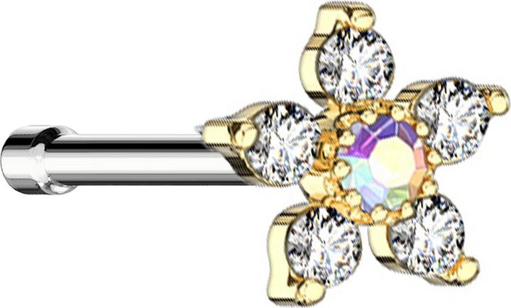 Produktbild Star Piercing Nasenstecker gerade vergoldet Blume mit Kristall multicolor und silber (Chirurgenstahl 316L, Messing)