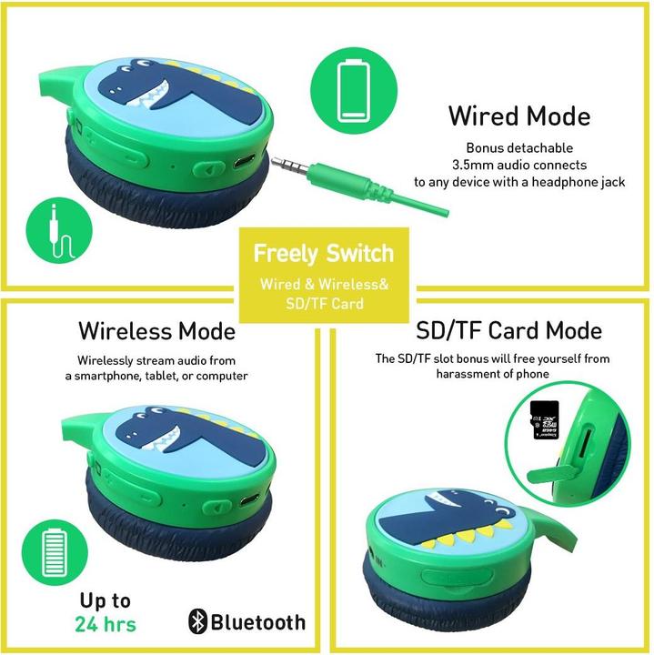 Produktbild PhoneLook Coole Wireless Bluetooth 5.3 Kopfhörer für Kinder mit gedämpfter Lautstärke 85dB und lustigem Design