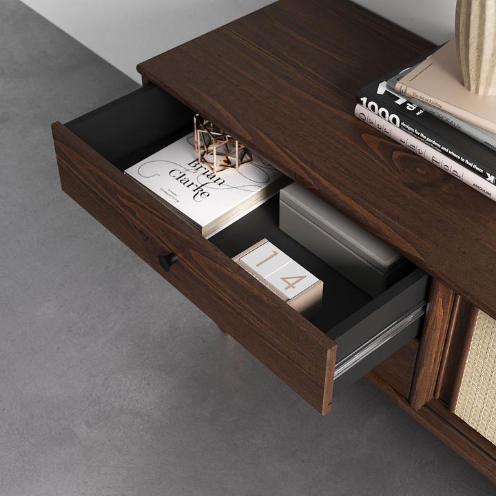 Produktbild IDIMEX Lowboard SIMONA aus Kiefer Massivholz mit Rattangeflecht – Nussbaumoptik