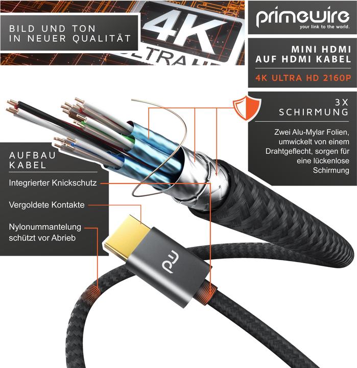 Produktbild Primewire Mini HDMI auf HDMI Kabel, Typ C auf Typ A, 4K miniHDMI Adapterkabel 3840 x 2160 @ 60 Hz, HDR, ARC (5 m, HDMI)