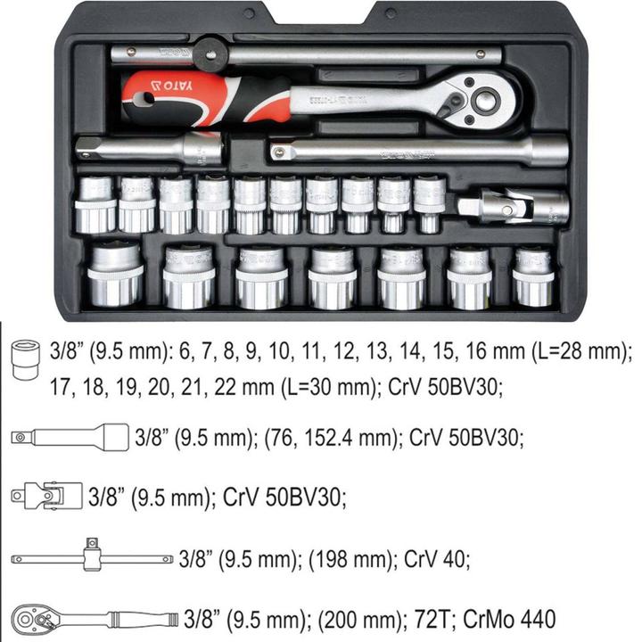 Produktbild Yato YT-38561 Werkzeugkasten Steckschlüssel Satz 22 tlg. 3/8" mit Knarre (3/8")