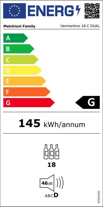 Energy Label Melchioni Vermentino 18 C Dual Wine Cellar with compressor Free installation Black 18 bottles
