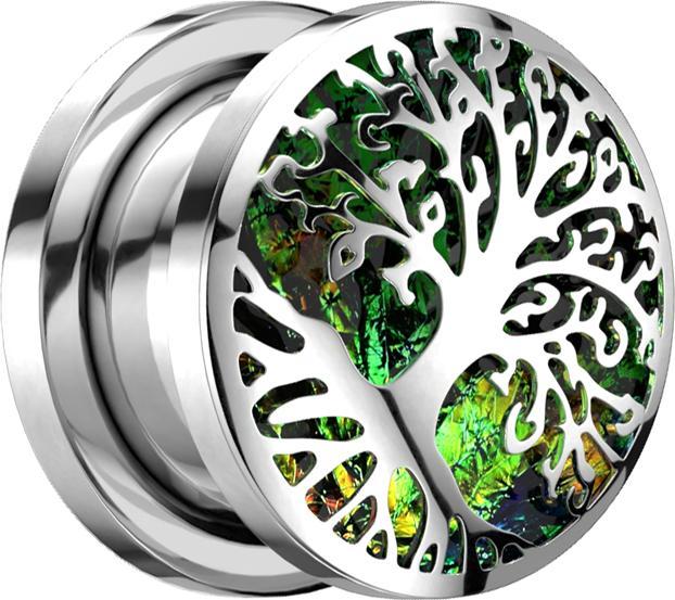 Star Piercing Fles Plug silber Opal Glitter mit Baum des Lebens (ohne Messing, Chirurgenstahl 316L)