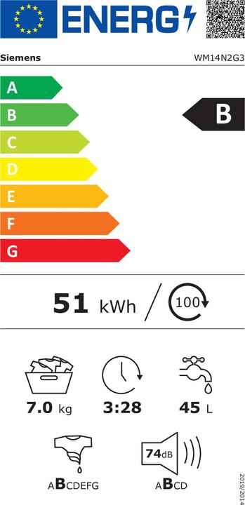 Label énergétique Siemens WM 14 N 2 G 3 Lave-linge automatique (BC) B 7kg 1400U speedPack L Outdoor-Program (7 kg, Gauche)