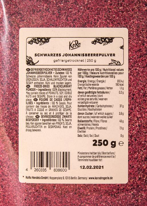 Valeurs nutritives et ingrédients KoRo Poudre de cassis lyophilisée (250 g)