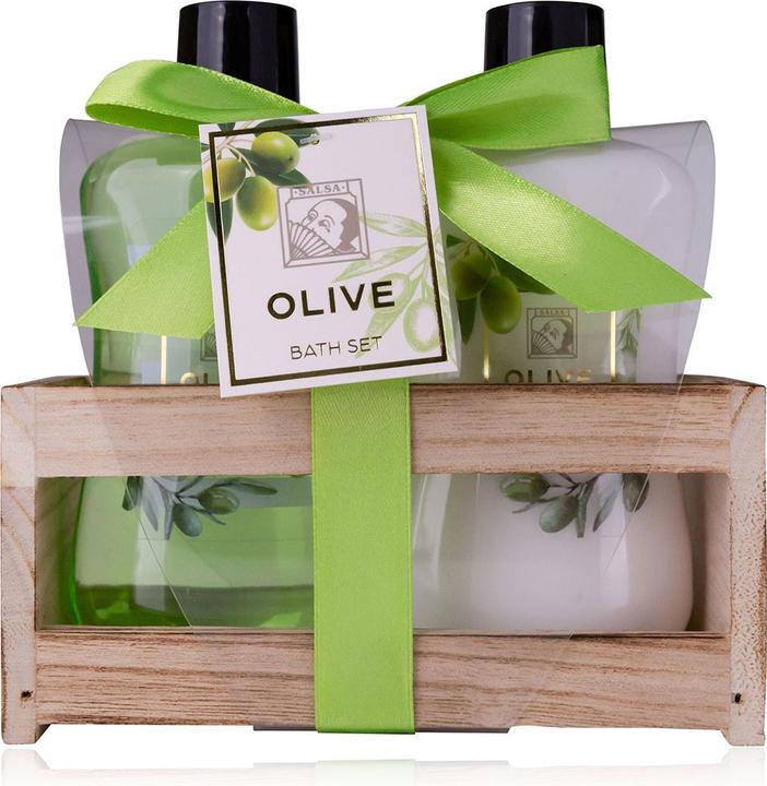 Accentra OLIVE Badeset in Holzbox, inkl. 190ml Duschgel, 190ml Körperlotion, Duft: Olive, Farbe: (Körperpflegeset, Haarpflege set)