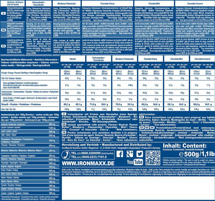 Nährwerte und Zutaten IronMaxx 100% Whey Protein (500g Beutel) (Cocos, Schokolade, 1 Stk., 500 g)