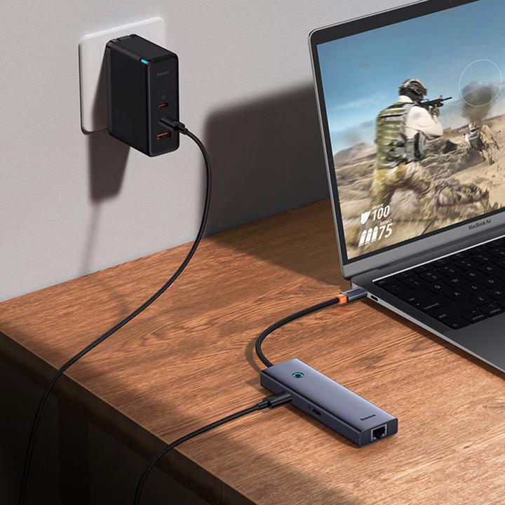 Image du produit Baseus Hub 6w1 UltraJoy 6-Port ( USB-C vers 1xHDMI4K@30Hz + 3xUSB 3.0 + 1xPD +RJ45) (USB-C, 6 Ports)