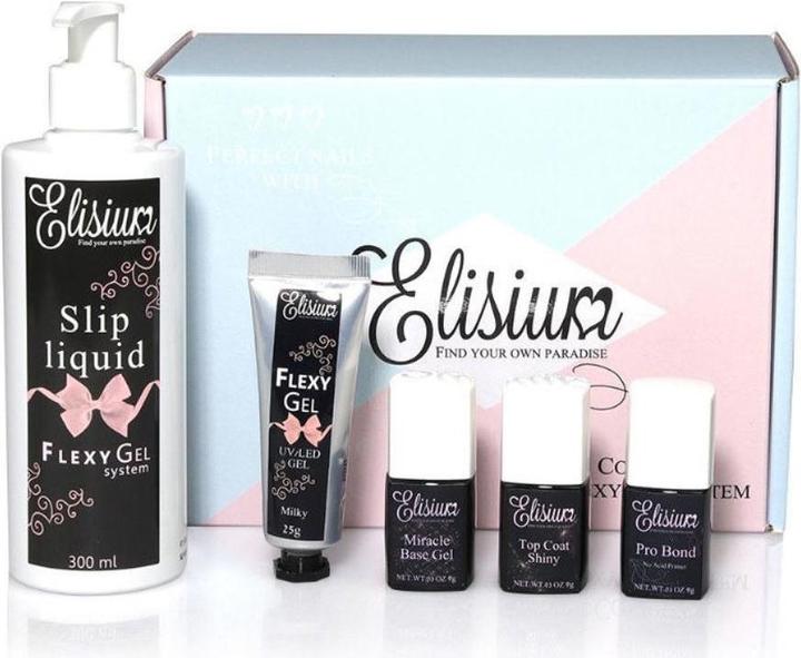 Elisium Pro Bond + Miracle Base Gel + FlexyGel Milky & Slip Liquid + Top Coat Shiny hybrid starter kit