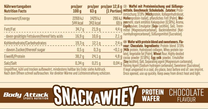 Nährwerte und Zutaten Body Attack Snack A Whey Protein Wafer (18 x 63g) (Chocolate, 18 Stk.)
