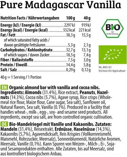 Valeurs nutritives et ingrédients HEJ Nutrition Bite (40g) (Almonds & Sea Salt, 1 pcs, 40 g)