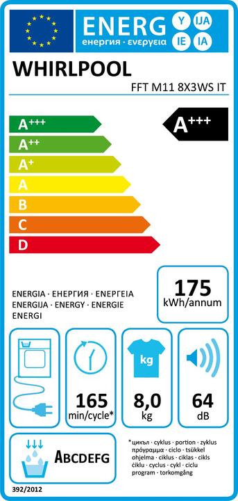Etichetta energetica Whirlpool FreshCare FFT M11 8X3WS IT asciugatrice Libera installazione Caricamento frontale 8 kg A++ (8 kg, A destra)