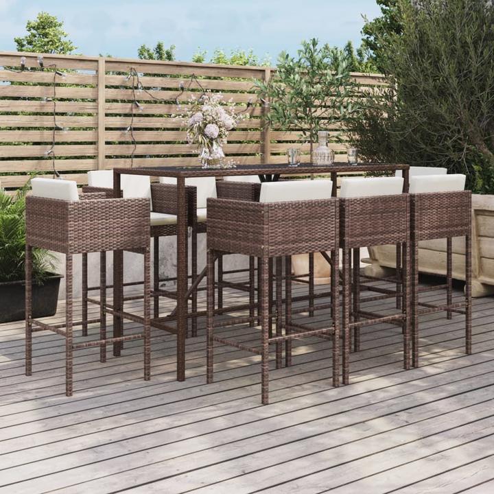Actual product image VidaXL 9-piece Garden Bar Set with Cushions Brown Poly Rattan (48 cm)