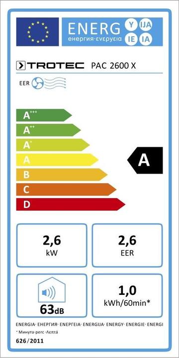 Energie-Label Trotec Mobile air conditioner PAC 2600 X, Name: Mob. cond. PAC 2600 X, Suitable for indoor use: up t (34 m², 9000 BTU/h)
