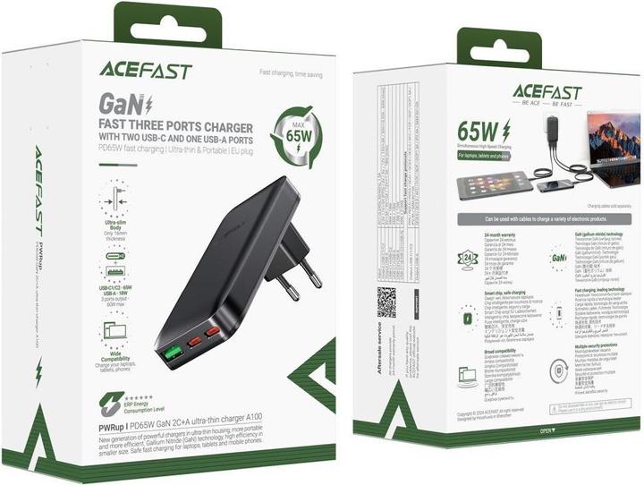 Produktbild Acefast A100 65W GaN 2 USB-C+ USB-A Charger Ultra Slim - Black (65 W)