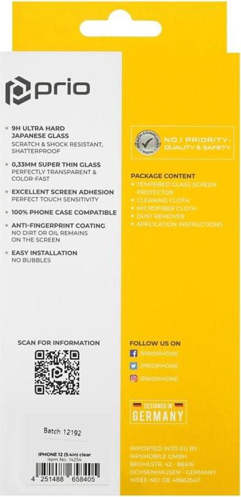 Actual product image prio Tempered Glass Screen Protector for iPhone 12 mini clear (1 Piece, Apple iPhone 12 mini)