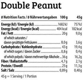 Valori nutrizionali e ingredienti HEJ Nutrition Barretta croccante vegana Hej (45G) (Arachide, Cacao, Doppia arachide, Cioccolato, 1 pz., 45 g)