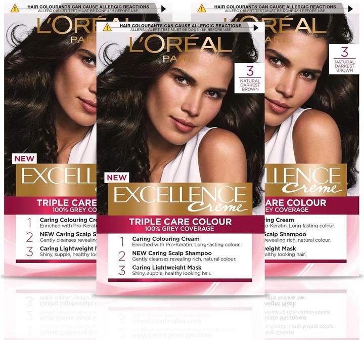 L'Oréal Paris Excellence Haarfarbe-Set, 3 Stück (3 Dark Brown)