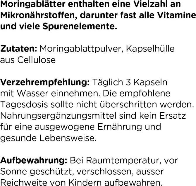 Nährwerte und Zutaten Kanela Moringa Kapseln (75 Stk) (1 Stück, Kapseln)