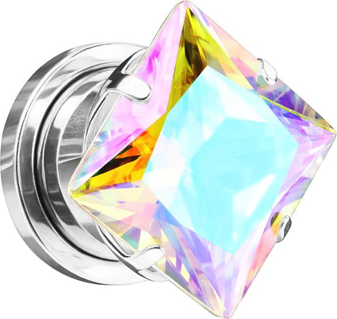 Produktbild Star Piercing Flesh Plug silber mit quadrat Kristall multicolor (ohne Messing, Chirurgenstahl 316L)