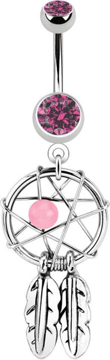 Image du produit Star Piercing Banane argent avec pendentif attrape-rêves et boule rose (Acier chirurgical 316L, sans laiton)