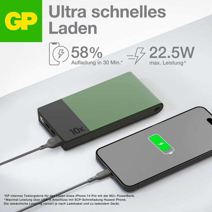 Immagine prodotto GP Batteries GP PowerBank M2+ 10C 10000mAh 2xUSB-C/1xUSB-A display a LED verde (10000 mAh, 22.50 W, 37 Wh)