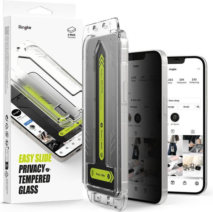 Immagine prodotto Ringke Easy Slide Privacy Glass 2-pack for iPhone 13 / 13 Pro / 14 / 16e (2 Pezzo/i, Apple iPhone 16e)