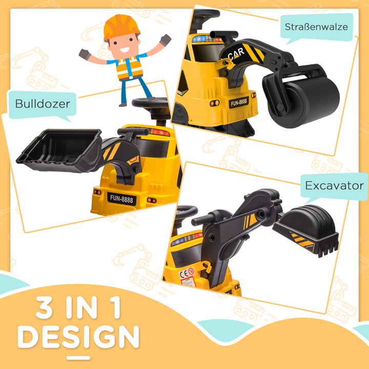 Actual product image Swisshandel24 Seat excavator, children's excavator, 3 in 1 ride-on excavator with shovel, scraper, roller, slide