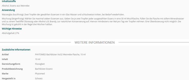 Nährwerte und Zutaten Phytomed Bachblüten No32 Weinrebe (1 Stück, Flüssigkeit, 22 g)