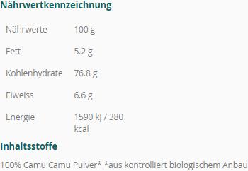 Nutritional values and ingredients Sembrador Camu Camu Powder Fairtrade Organic (1 Piece, Powder, 214 g)