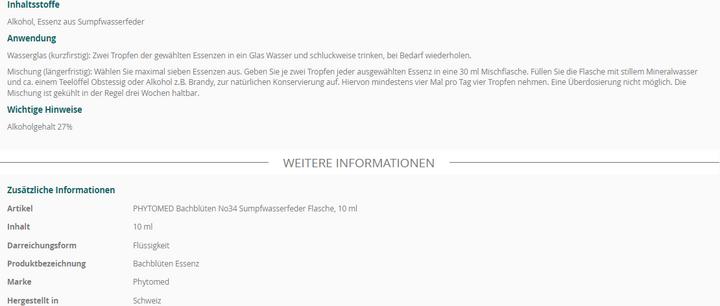Nährwerte und Zutaten Phytomed Bachblüten No34 Sumpfwasserfeder (1 Stück, Flüssigkeit, 22 g)