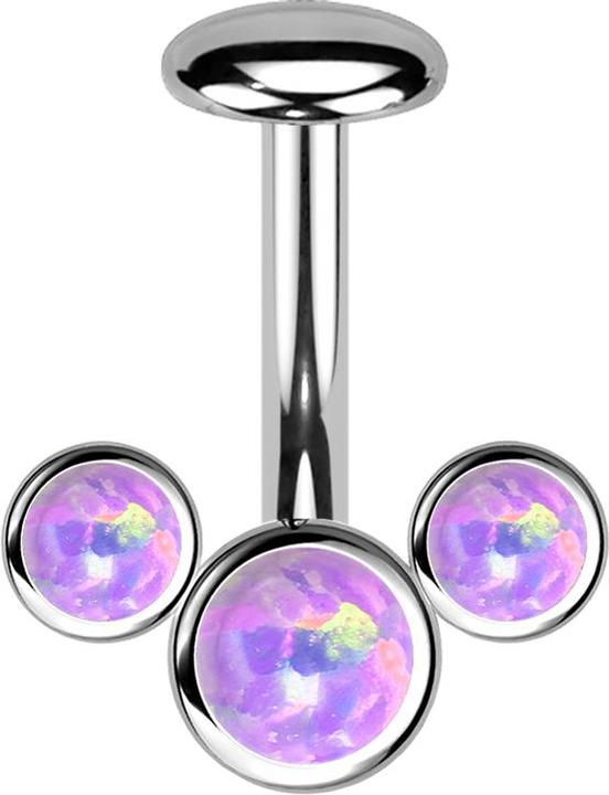 Star Piercing Threadless Labret-Stab Banane silber front drei Opale violett (Titan G23)