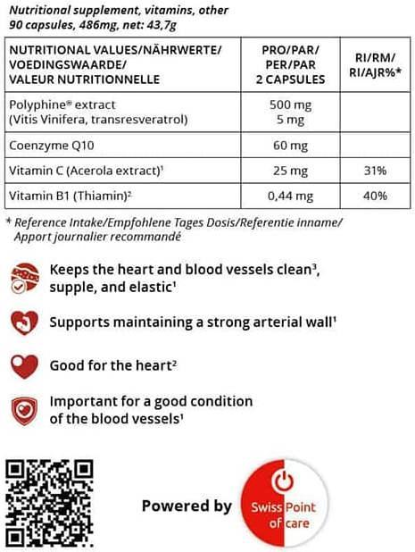 Nutritional values and ingredients Swiss point of care Resveratrol, OPC, CoQ10: Polyphines Good for HEART x90 (90 Piece, 74 g)