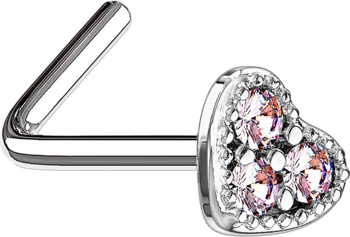 Produktbild Star Piercing Nasenstecker gewinkelt silber Herz Kristall pink (Messing, Chirurgenstahl 316L)