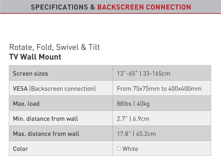 Immagine prodotto Barkan Supporto da parete per TV 13-65", metallo, bianco (Muro, 65", 40 kg)