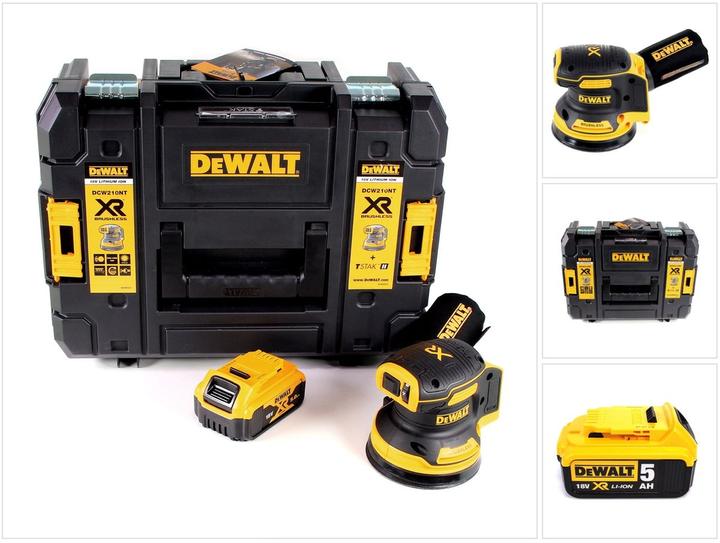 1x DeWALT DCW210 NT Akku-Exzenterschleifer, 1x DeWALT DCB184 5,0 Ah Akku, 1x DeWALT TSTAK, 1x Staubfangsack, ohne Ladegerät
