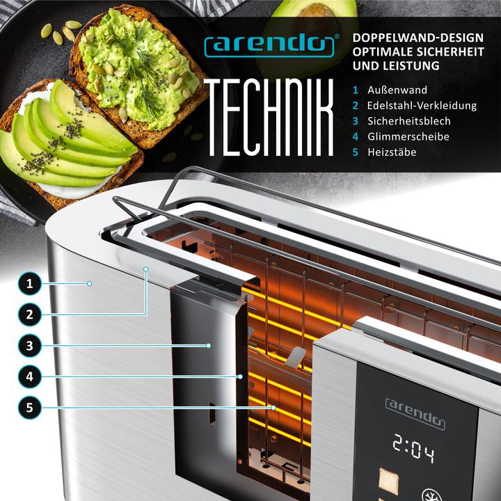 Produktbild Arendo Toaster Edelstahl 2 Scheiben Langschlitz, Touch Display, Restzeit & Bräunungsgradanzeige, 1000 W