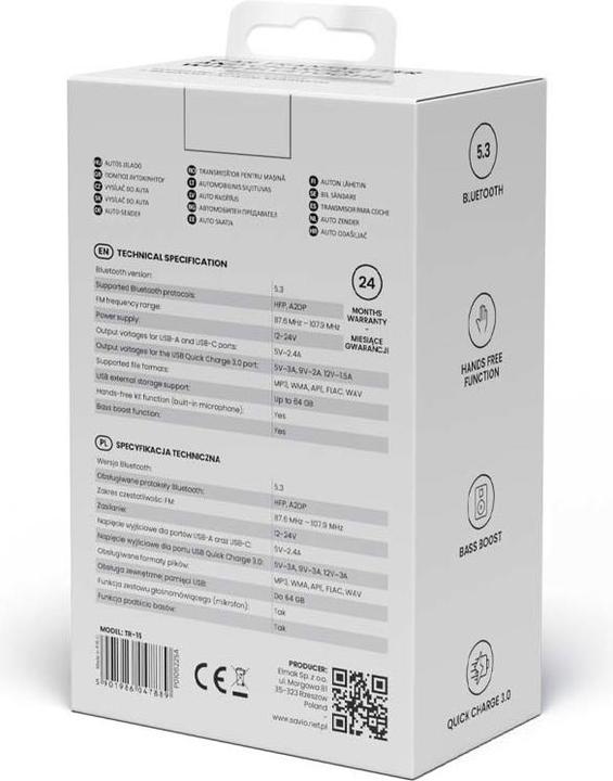 Produktbild Savio FM Sender Bluetooth 5.3 QC 3.0 Ladegerät LED Display Bass Boost TR-15 schw