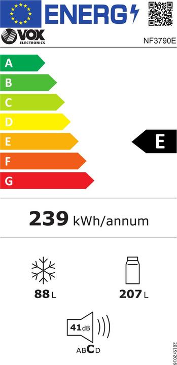 Energy Label Vox Combi fridge NF 3790 E (E, H: 207 l, Z: 88 l, MultiC, NO-FROST) (294 l)