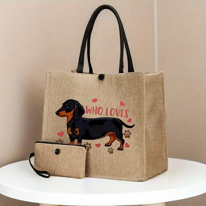 Image du produit Only-Bags.Store 2 Stück Hundedruck Canvas Tote Bags - Leichte Reise- und Strandtaschen mit Schnallenverschluss