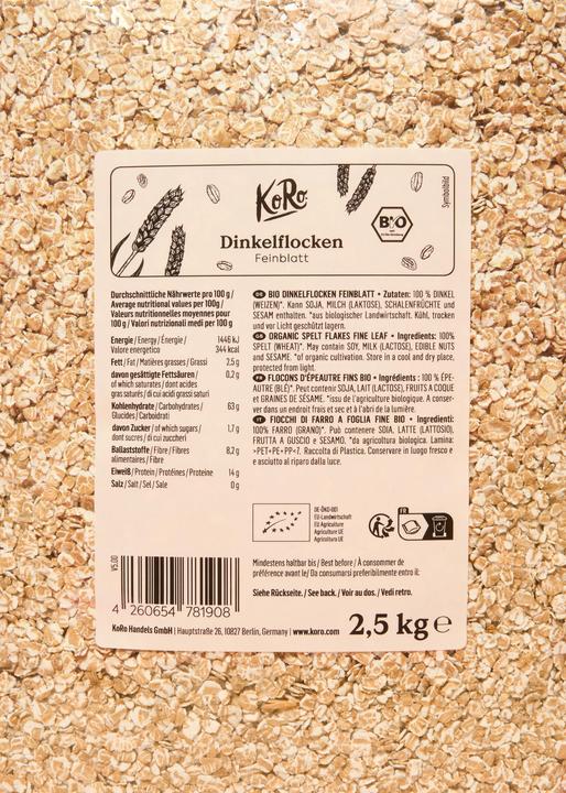 Nährwerte und Zutaten KoRo Bio Dinkelflocken Feinblatt (2500 g)